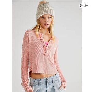 Free People Blush Ribbed Henley Crop Sweater